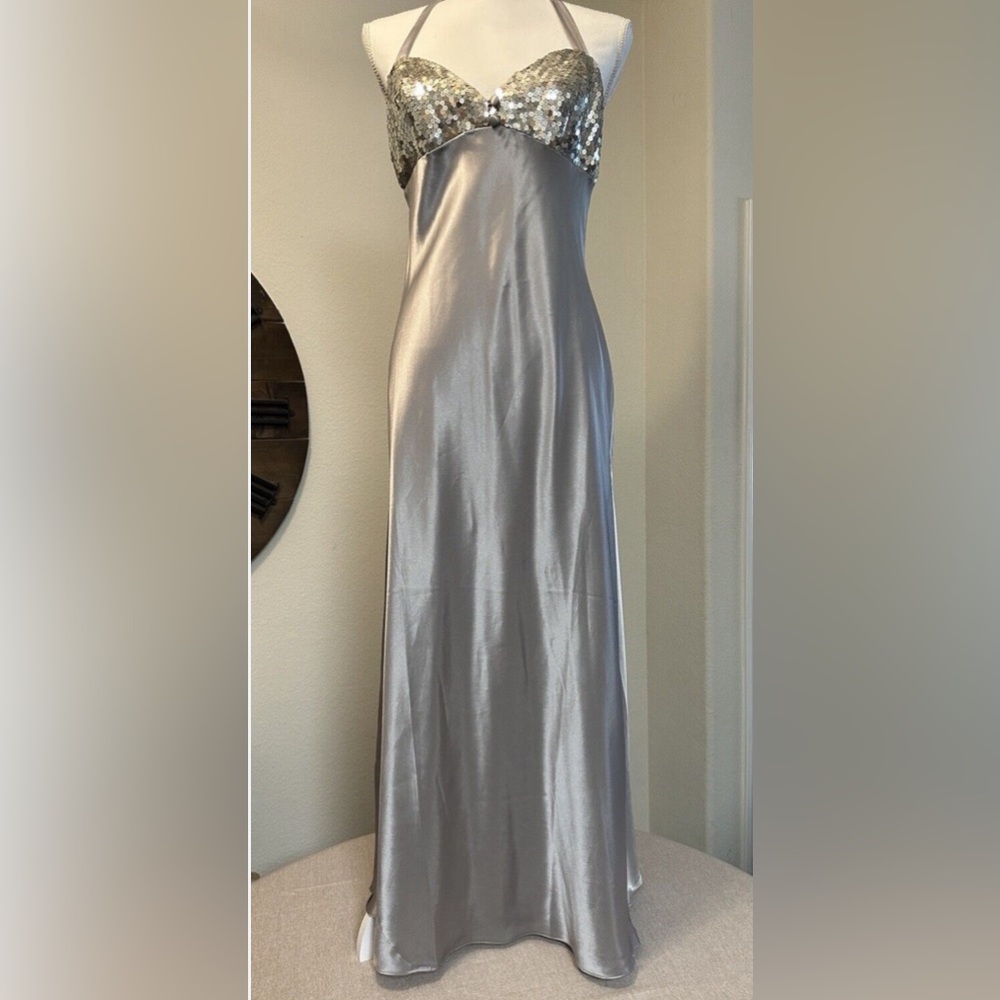 Vintage Victoria Secret Metallic Sequin Maxi Slip Dress Size Medium Silver Disco